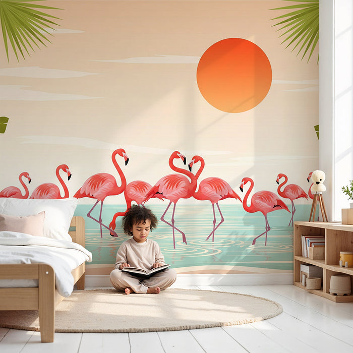 Children's bedroom wallpaper | Pink flamingos in a sunny tropical landscape