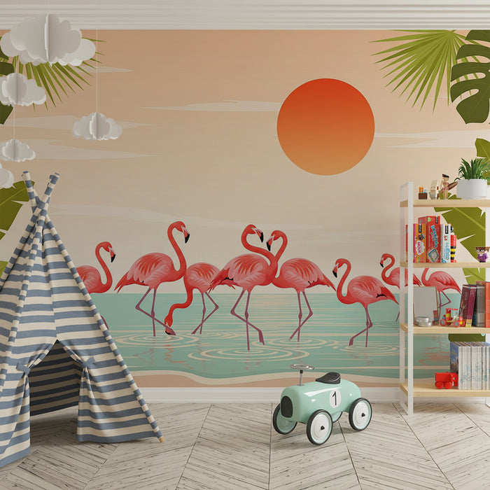 Children's bedroom wallpaper | Pink flamingos in a sunny tropical landscape