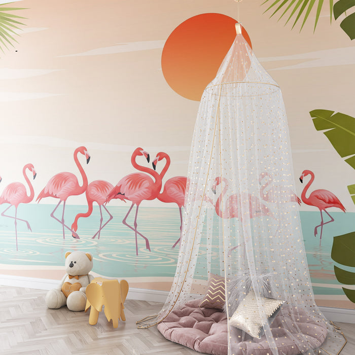 Children's bedroom wallpaper | Pink flamingos in a sunny tropical landscape