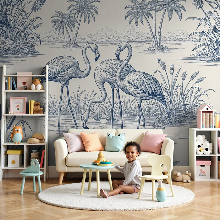 Børneværelsestapet | Elegante flamingoer ved vandet