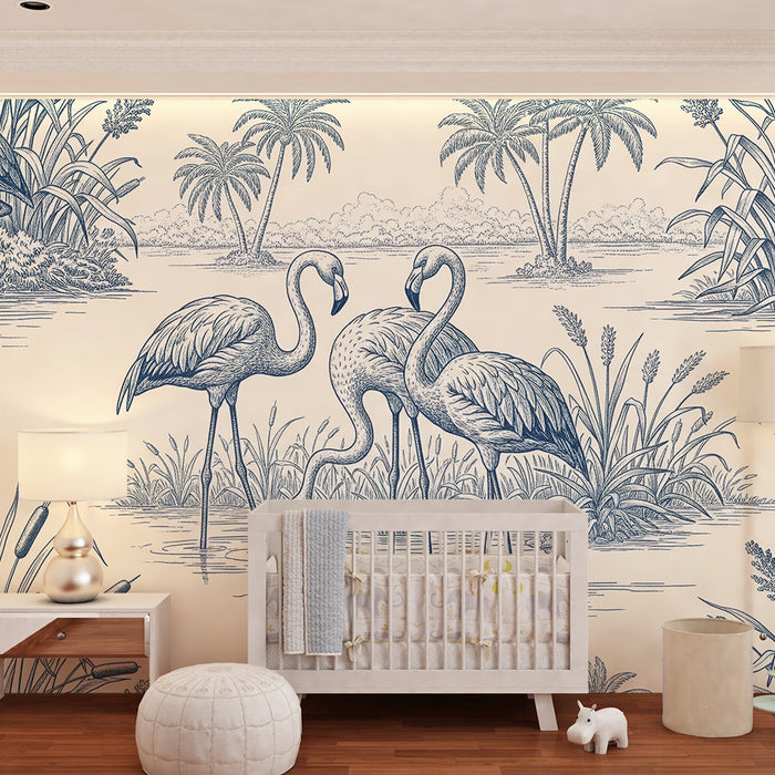 Børneværelsestapet | Elegante flamingoer ved vandet
