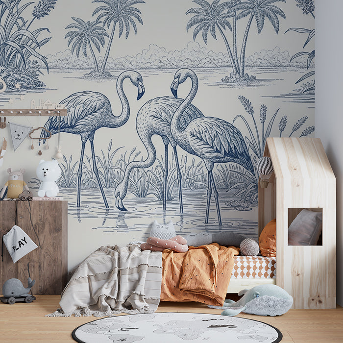 Børneværelsestapet | Elegante flamingoer ved vandet