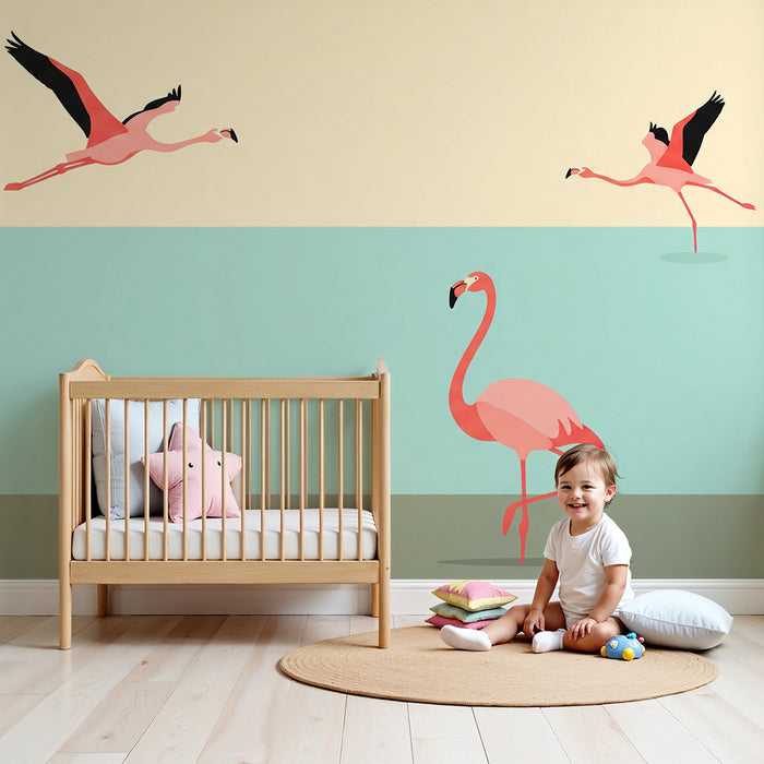 Kids' room wallpaper | Flamingos in nature with soft tones