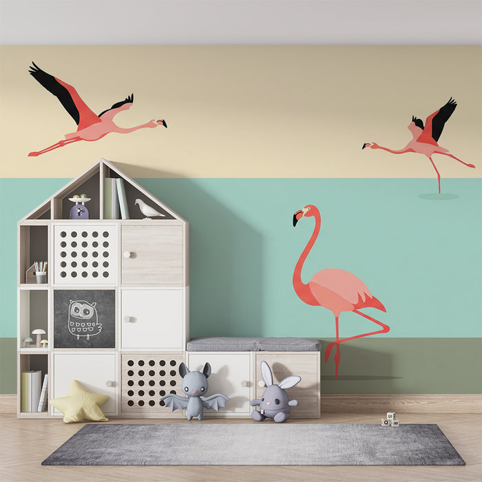 Kids' room wallpaper | Flamingos in nature with soft tones