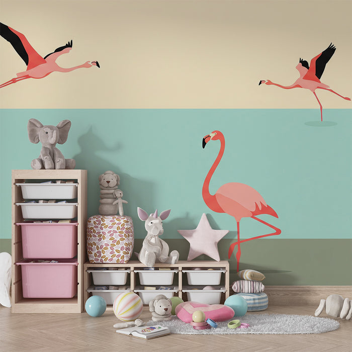 Kids' room wallpaper | Flamingos in nature with soft tones