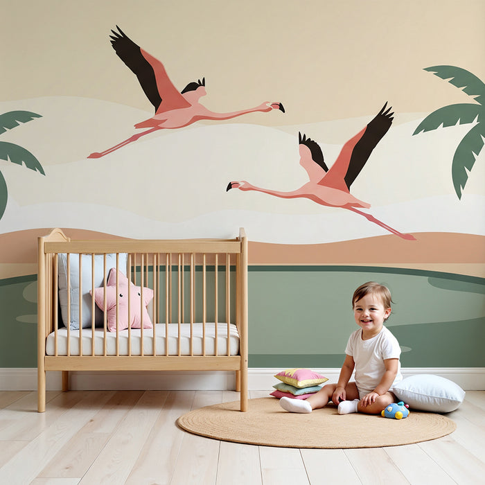 Papel pintado infantil | Flamencos en vuelo junto a un oasis