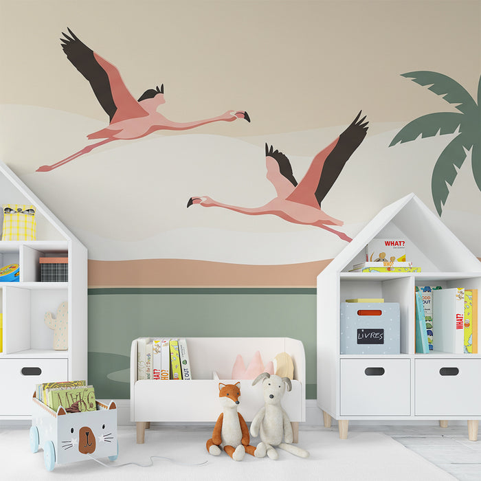 Papel pintado infantil | Flamencos en vuelo junto a un oasis