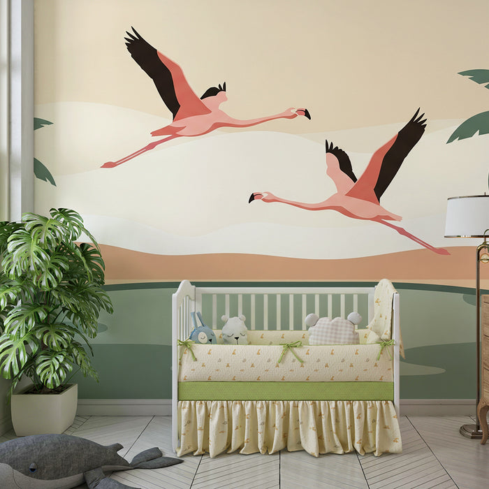 Papel pintado infantil | Flamencos en vuelo junto a un oasis