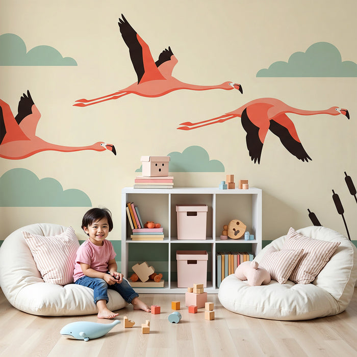 Kinderzimmer Tapete | Flamingos im Flug über einem ruhigen See