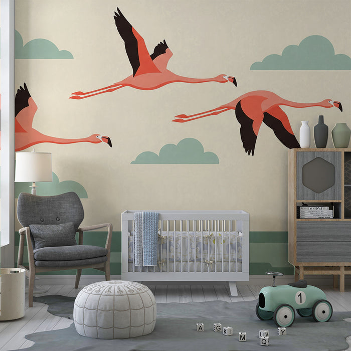Kinderzimmer Tapete | Flamingos im Flug über einem ruhigen See