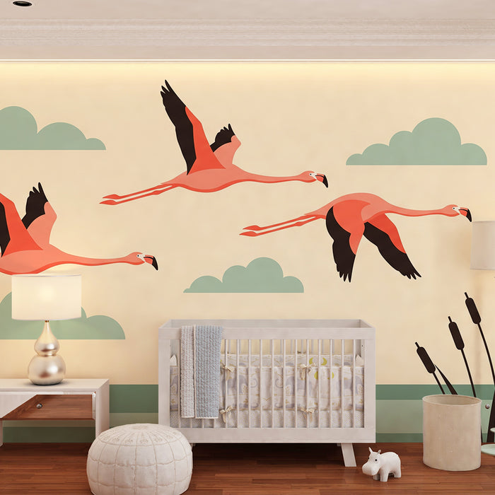 Kinderzimmer Tapete | Flamingos im Flug über einem ruhigen See