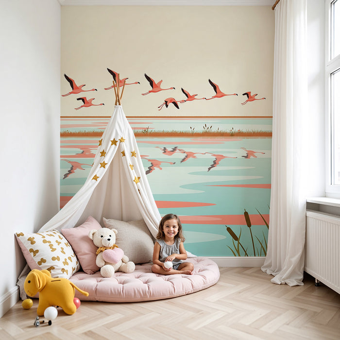 Kids' Room Wallpaper | Flamingos in Flight Over a Serene Lake