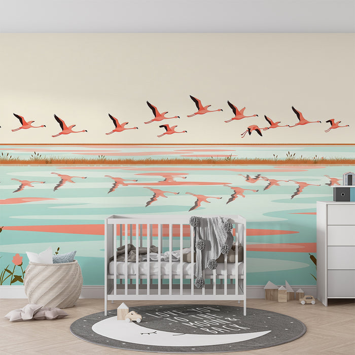 Kids' Room Wallpaper | Flamingos in Flight Over a Serene Lake