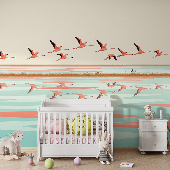 Kids' Room Wallpaper | Flamingos in Flight Over a Serene Lake