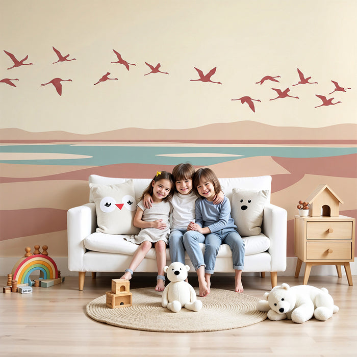Children's bedroom wallpaper | Pink flamingos flying over dunes