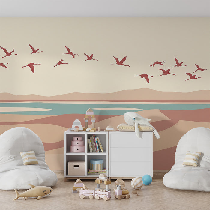 Children's bedroom wallpaper | Pink flamingos flying over dunes