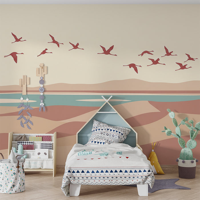 Children's bedroom wallpaper | Pink flamingos flying over dunes