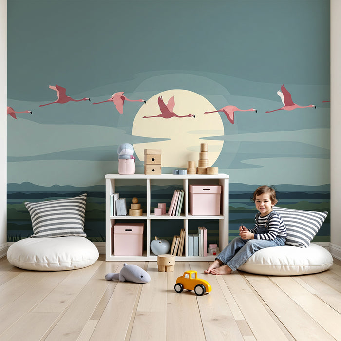 Kids' Room Wallpaper | Flamingos in Flight Under the Moon