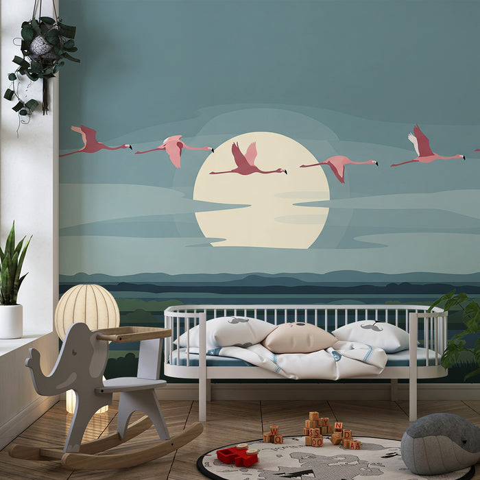 Kids' Room Wallpaper | Flamingos in Flight Under the Moon