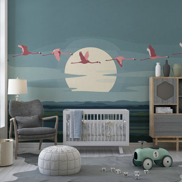 Kids' Room Wallpaper | Flamingos in Flight Under the Moon