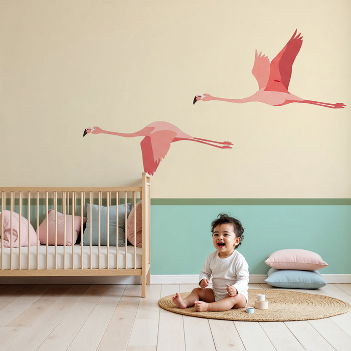 Lapsenhuoneen tapetti | Lentävät flamingot pastellitaustalla
