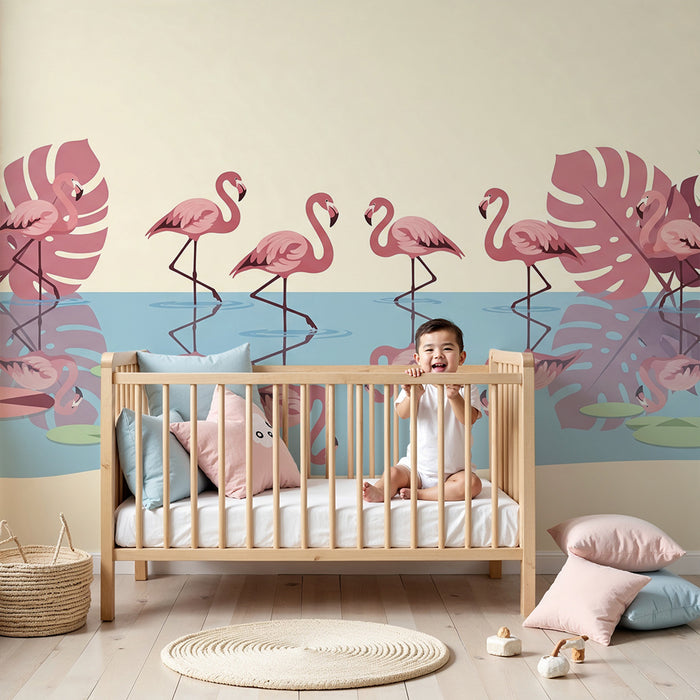 Children's bedroom wallpaper | Pink flamingos and tropical foliage by the water