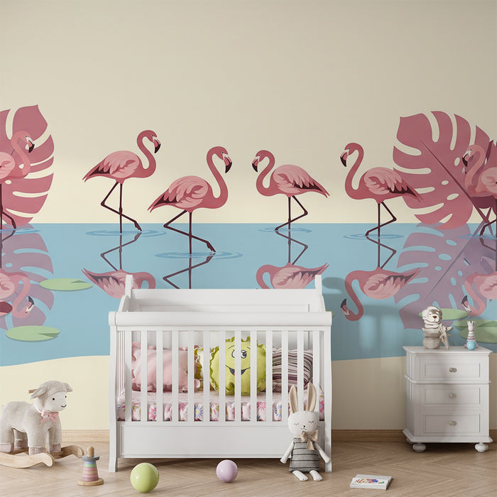Children's bedroom wallpaper | Pink flamingos and tropical foliage by the water