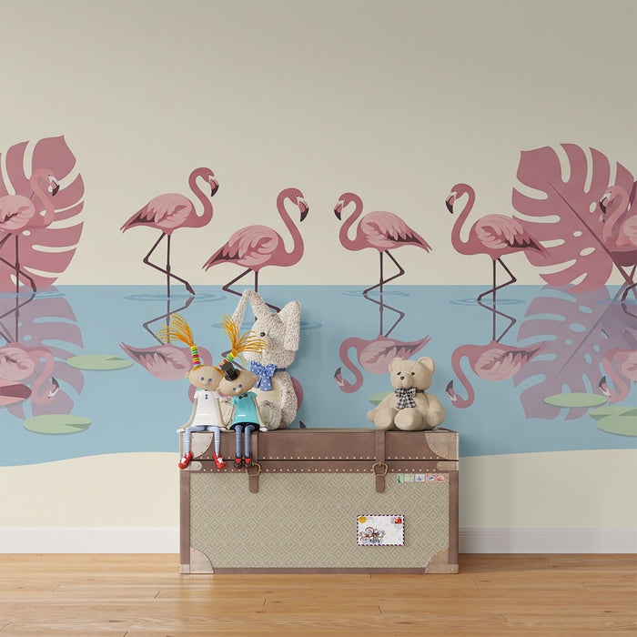Children's bedroom wallpaper | Pink flamingos and tropical foliage by the water