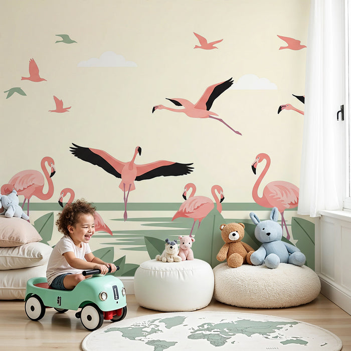 Children's bedroom wallpaper | Pink flamingos and tropical foliage in a calming design