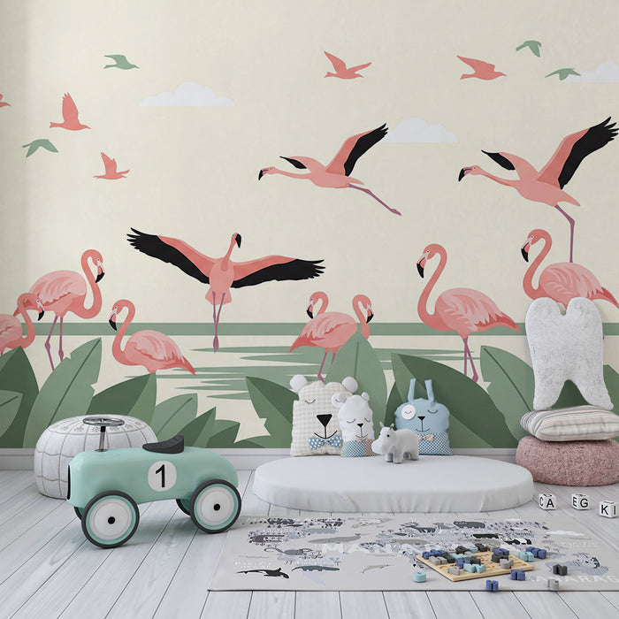 Children's bedroom wallpaper | Pink flamingos and tropical foliage in a calming design