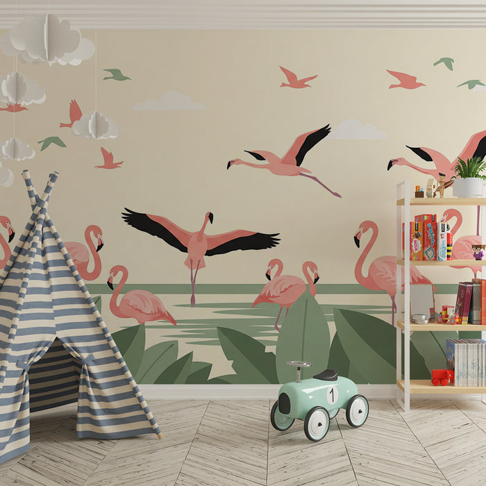 Children's bedroom wallpaper | Pink flamingos and tropical foliage in a calming design