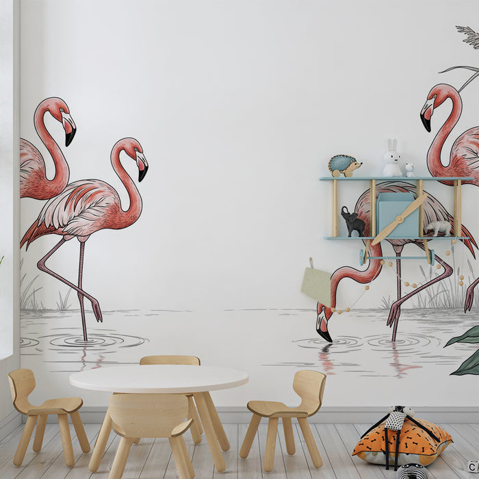 Tapet barnerom | Rosa flamingoer og tropiske blader i en akvatisk dekor