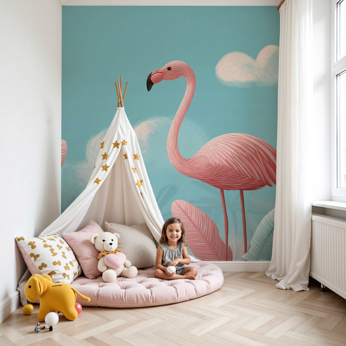 Lastenhuoneen tapetti | Flamingot ja trooppiset lehdet