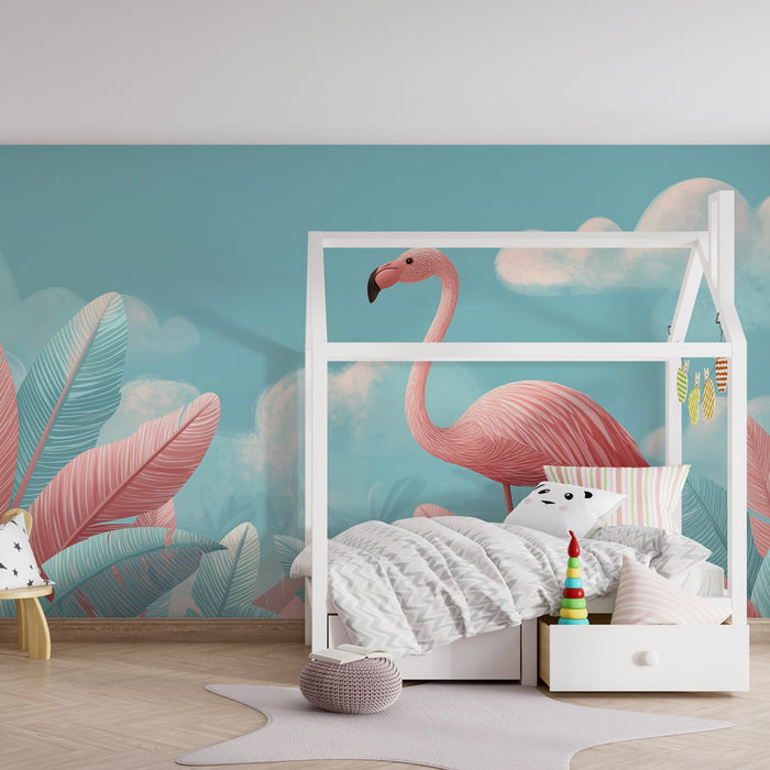Lastenhuoneen tapetti | Flamingot ja trooppiset lehdet