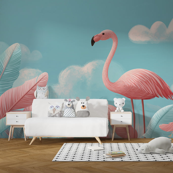 Lastenhuoneen tapetti | Flamingot ja trooppiset lehdet