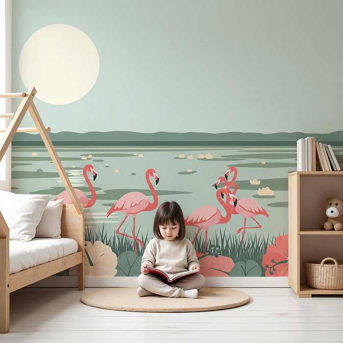 Kids' Room Wallpaper | Tropical Flamingos and Flowers by the Water