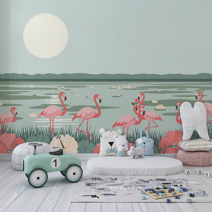 Kids' Room Wallpaper | Tropical Flamingos and Flowers by the Water