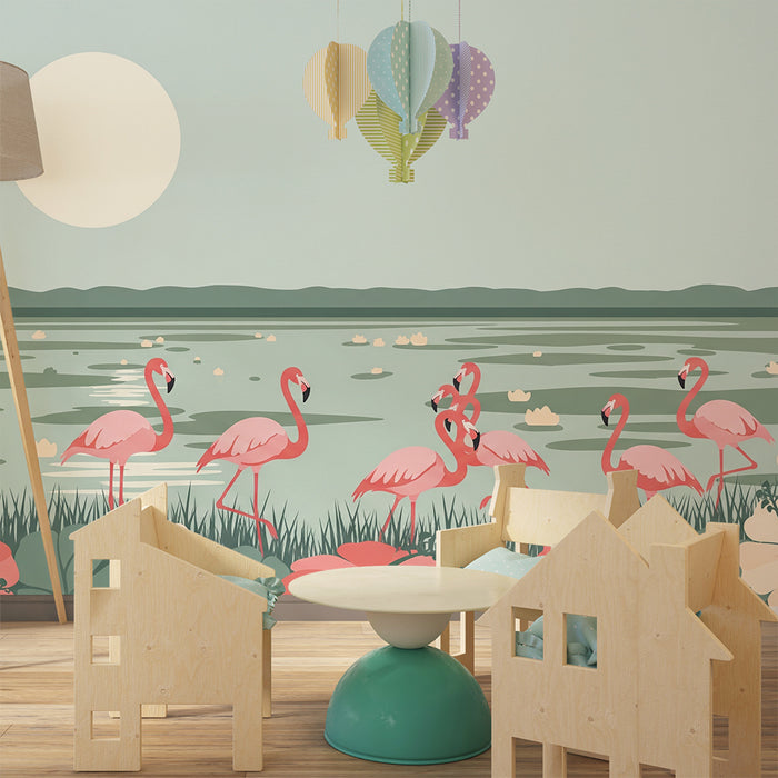 Kids' Room Wallpaper | Tropical Flamingos and Flowers by the Water