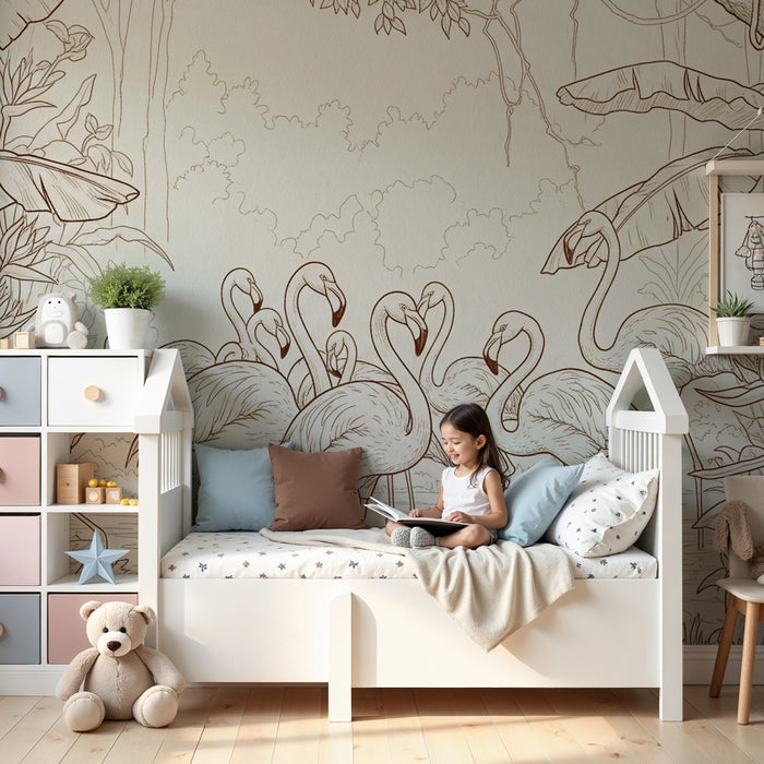 Papier peint chambre enfant | Flamants roses et jungle luxuriante