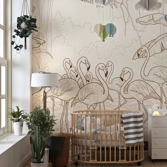 Papier peint chambre enfant | Flamants roses et jungle luxuriante
