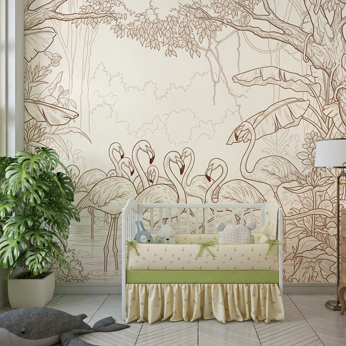 Papier peint chambre enfant | Flamants roses et jungle luxuriante