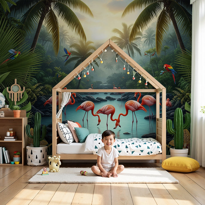 Gyermekszoba tapéta | Rózsaszín flamingók és trópusi dzsungel színes papagájokkal