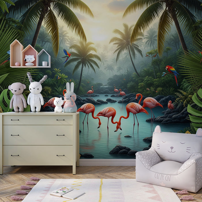 Gyermekszoba tapéta | Rózsaszín flamingók és trópusi dzsungel színes papagájokkal