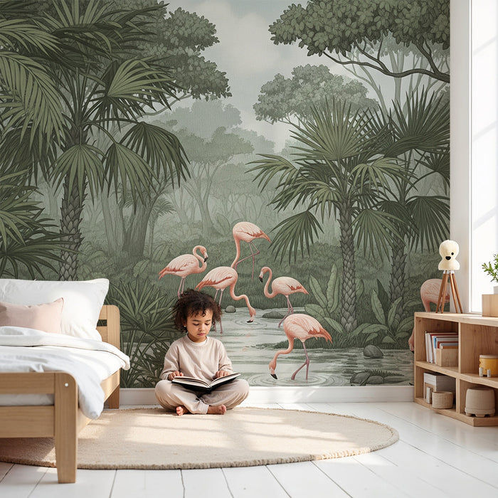 Papel pintado infantil | Flamencos rosados y jungla exuberante con cebra