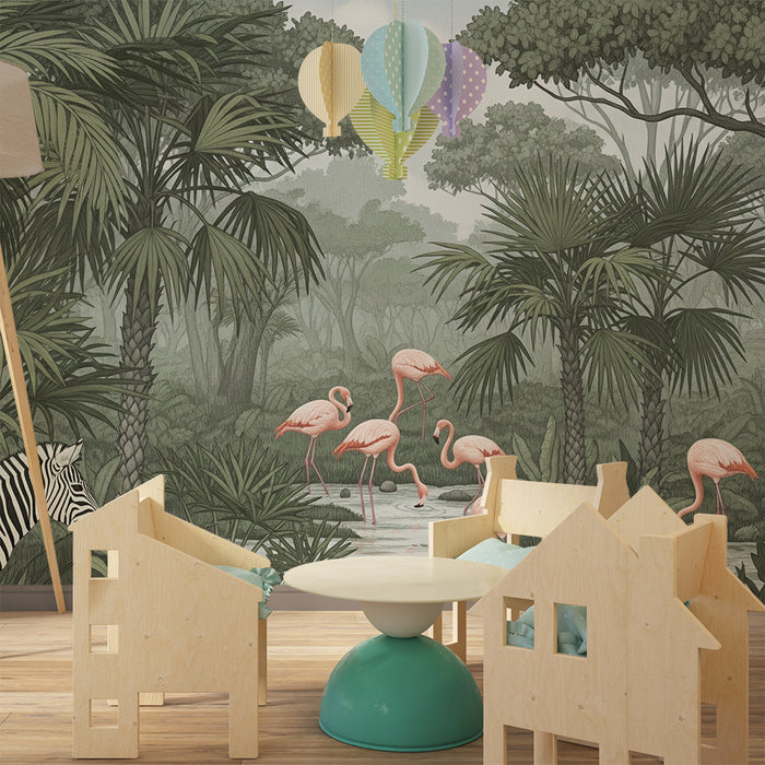 Papel pintado infantil | Flamencos rosados y jungla exuberante con cebra