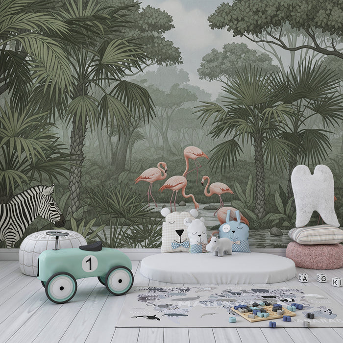 Papel pintado infantil | Flamencos rosados y jungla exuberante con cebra