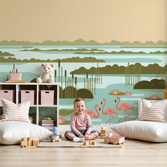 Kids' Room Wallpaper | Calming Flamingos and Water Scene