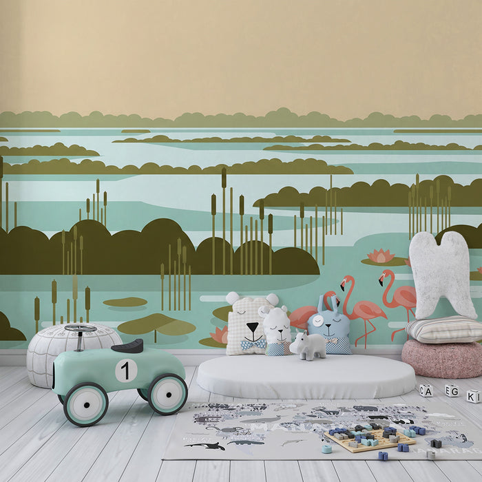 Kids' Room Wallpaper | Calming Flamingos and Water Scene