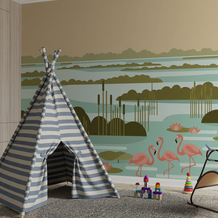 Kids' Room Wallpaper | Calming Flamingos and Water Scene