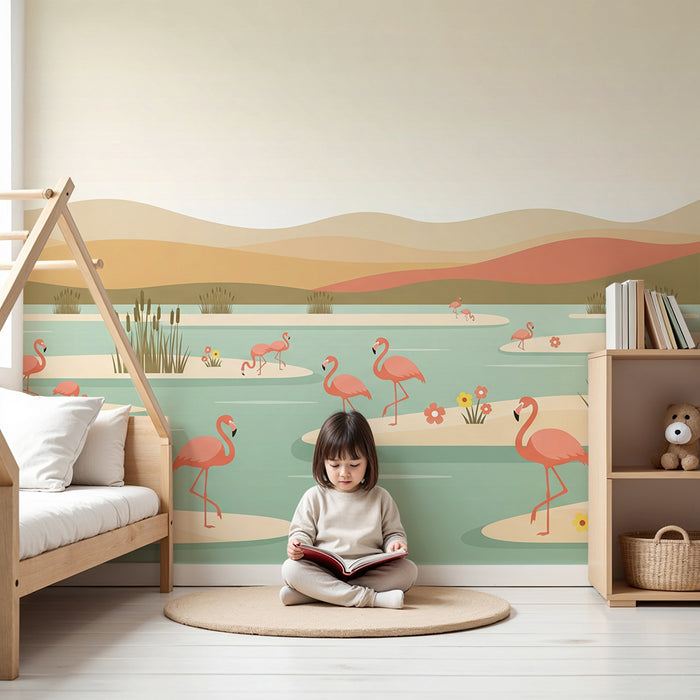 Papel de parede para quarto infantil | Flamingos e paisagens tranquilas à beira de água